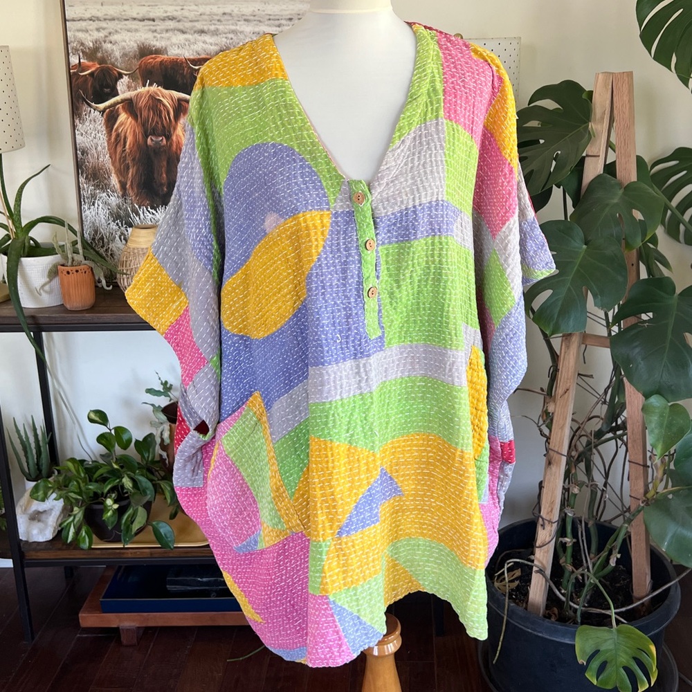Kantha Bae Mini Muu Reversible Colorful Abstract Kantha Tunic Shirt Top O/S